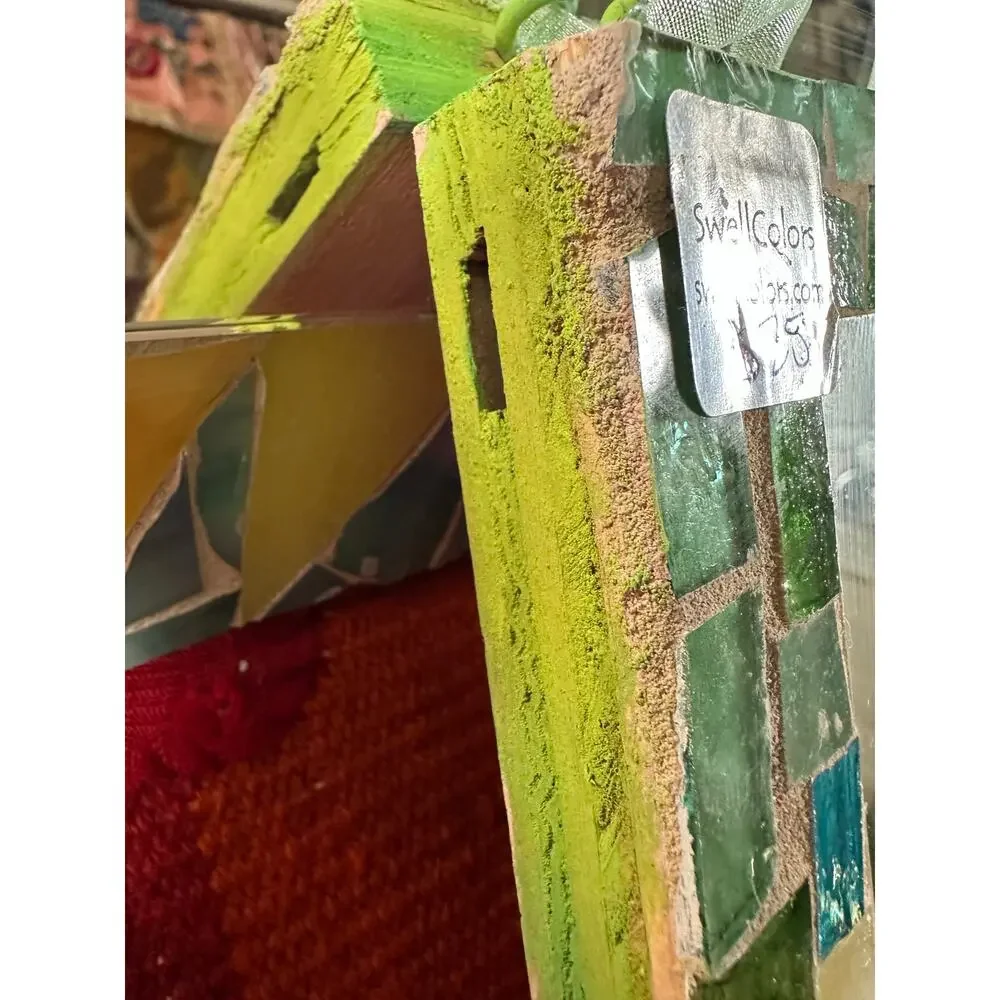 2 Vintage MOSAIC MIRRORS swell colors handmade bohemian green yellow 16x8”,8x6”